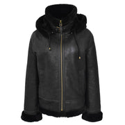 Womens Real Black Sheepskin Jacket Hooded Shearling B3 Pilot Coat Maria Collar UP