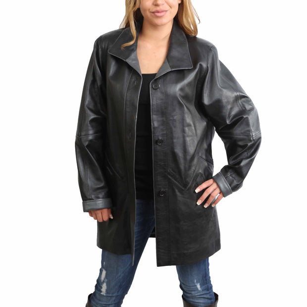 Ladies Classic Parka Real Leather Coat Trim Jacket Lulu Black-Grey Front