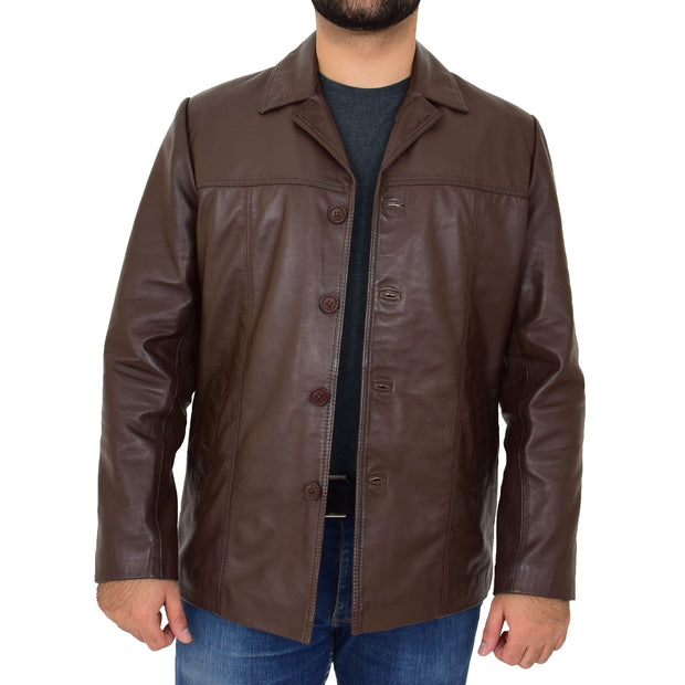 Mens Casual Leather Jacket Hip Length Brown Reefer Blazer Coat Harold Open 1