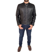 Mens Leather Jacket Biker Style Zip up Coat Bill Black Full
