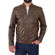 Mens Biker Leather Jacket Timber Brown Soft Nappa Fitted Standing Collar Tats