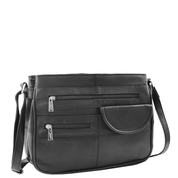 Ladies Soft Leather Crossbody Multi Zip Pockets Bag Dolores Black Front 2