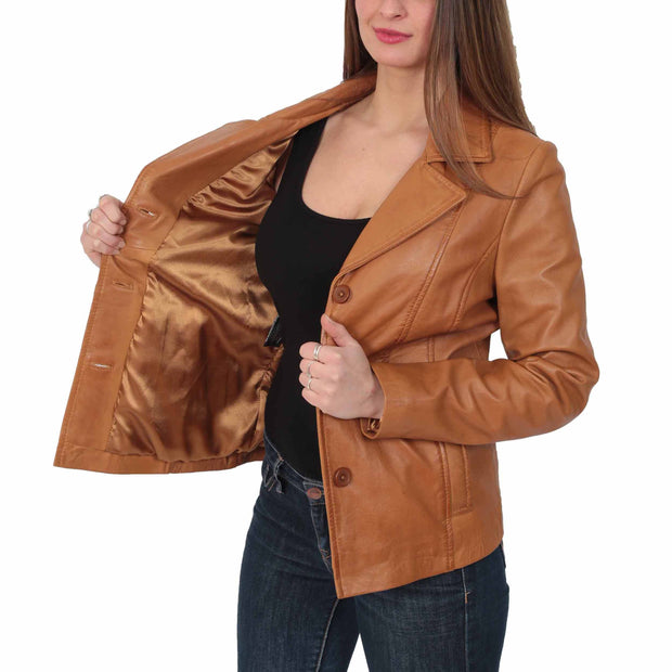 Ladies Leather Blazer Coat Fitted Classic Hip Length Jacket Judy Tan Lining