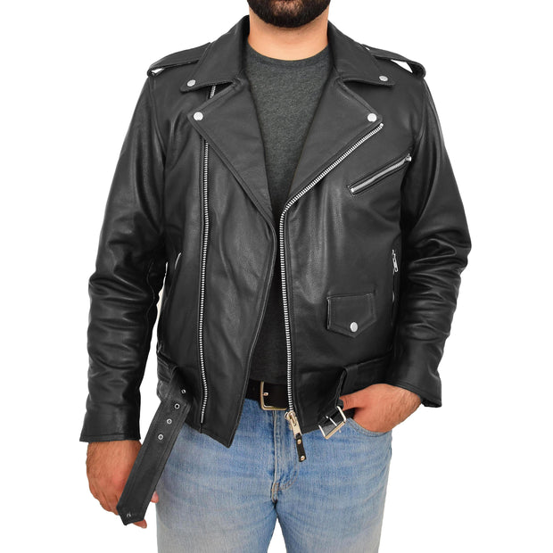 Genuine Cowhide Biker Leather Jacket For Men Casual Brando Coat Rock Black
