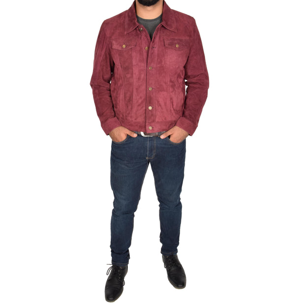 Mens Real Soft Goat Suede Trucker Denim Style Jacket Chuck Burgundy Full