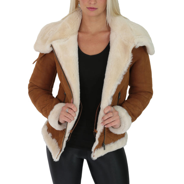 Super Luxurious Womens Real Sheepskin Jacket Aviator Coat Alexa Tan Open 2