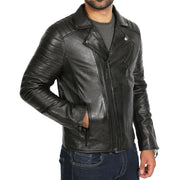 Mens Black Leather Biker Jacket X-Zip Fasten Trendy Designer Coat Max
