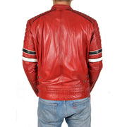 Mens Biker Leather Jacket Stripes Standing Collar Coat Ricky Red Back
