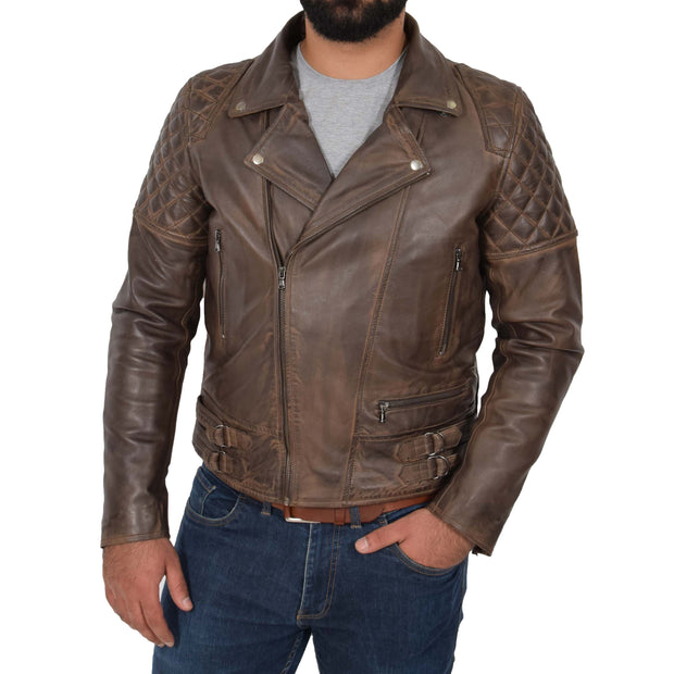 Mens Trendy Biker Leather Jacket Antique Quilted Designer Coat Jace Brown Front 1