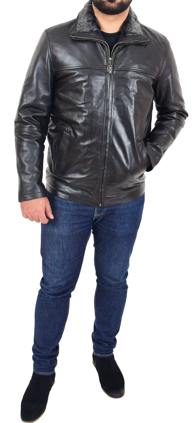 Mens Soft Black Nappa Leather Jacket Zip Box Detachable Front Collar Regular Fit Derek3