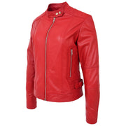 Womens Soft Red Leather Biker Jacket Designer Stylish Fitted Quilted Celeste Front Angle