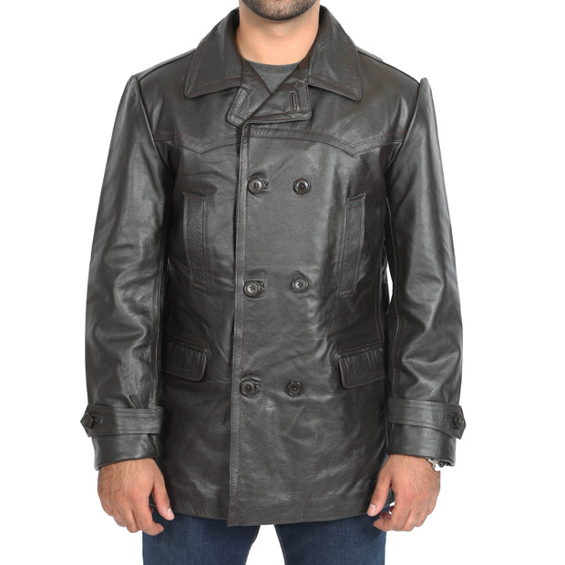 Mens Trench Leather Fitted Reefer Military Overcoat Ernest Brown Front