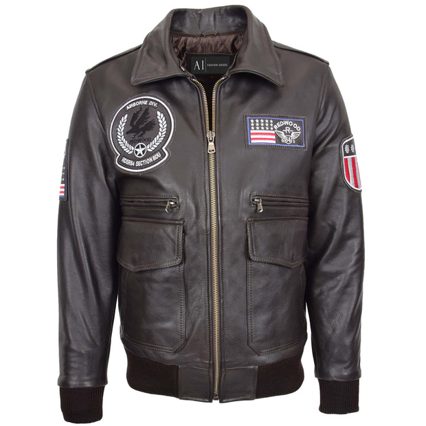 Mens Cowhide Leather Pilot Flight Jacket Air Force Badges Bomber Brown G002 4