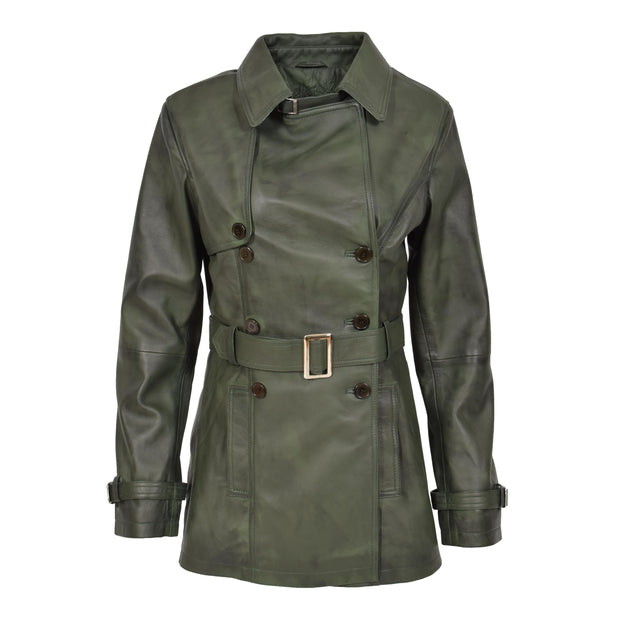 Womens Soft Leather Trench Coat Olivia Green Front 2