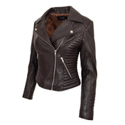 Womens Designer Leather Biker Jacket Fitted Quilted Coat Bonita Brown Front Angle 1
