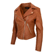 Womens Designer Leather Biker Jacket Fitted Quilted Coat Bonita Tan Front Angle 1