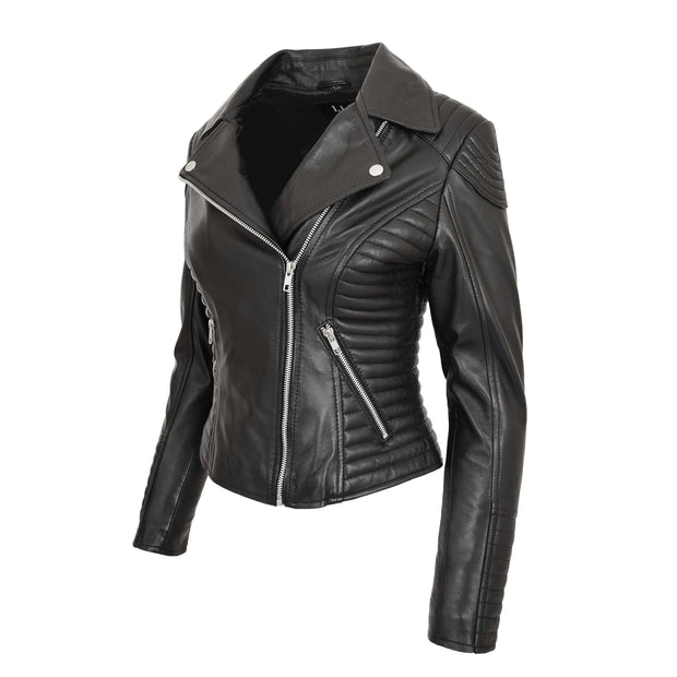 Womens Designer Leather Biker Jacket Fitted Quilted Coat Bonita Black Front Angle 1