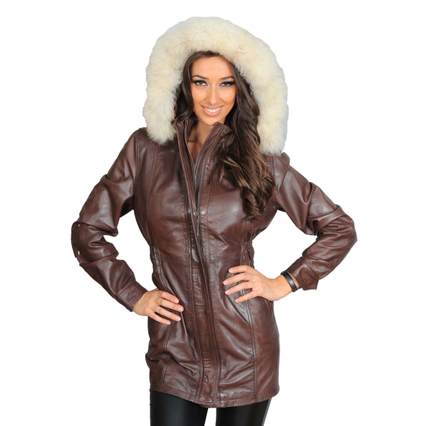 Womens Duffle Leather Coat Detachable Hood 3/4 Long Parka Jacket Mila Brown Front 2