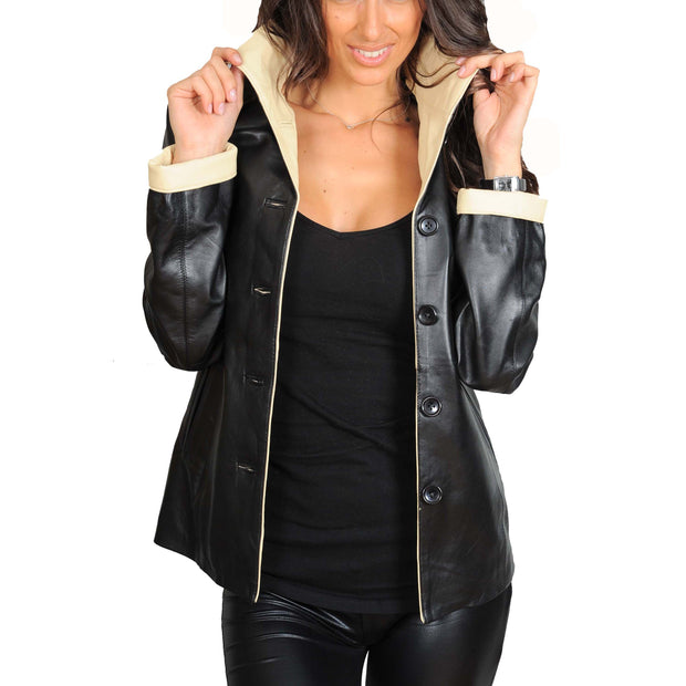 Womens Soft Leather Blazer Hip Length Beige Trim Jacket Maggie Black Open
