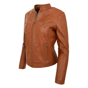 Womens Fitted Leather Biker Jacket Casual Zip Up Coat Jenny Tan Front Angle 2