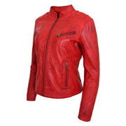 Womens Fitted Leather Biker Jacket Casual Zip Up Coat Jenny Red Front  Angle 2