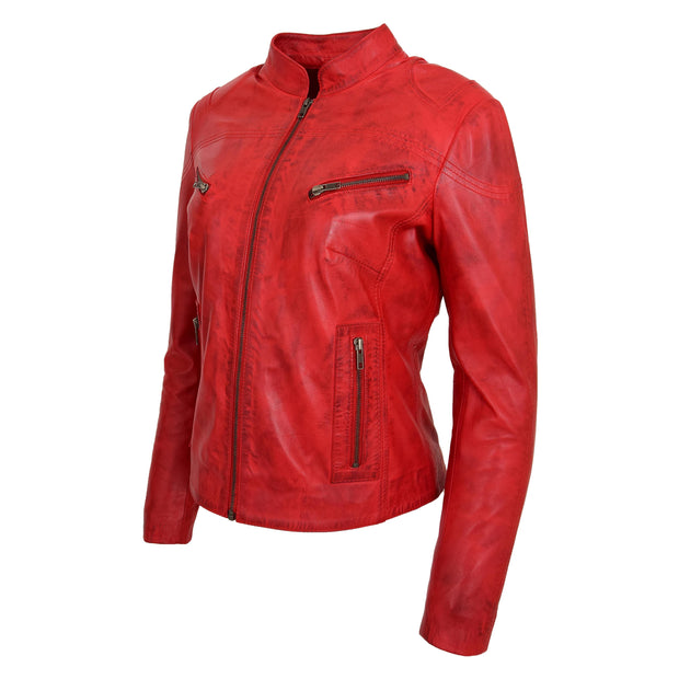 Womens Fitted Leather Biker Jacket Casual Zip Up Coat Jenny Red Front  Angle 2
