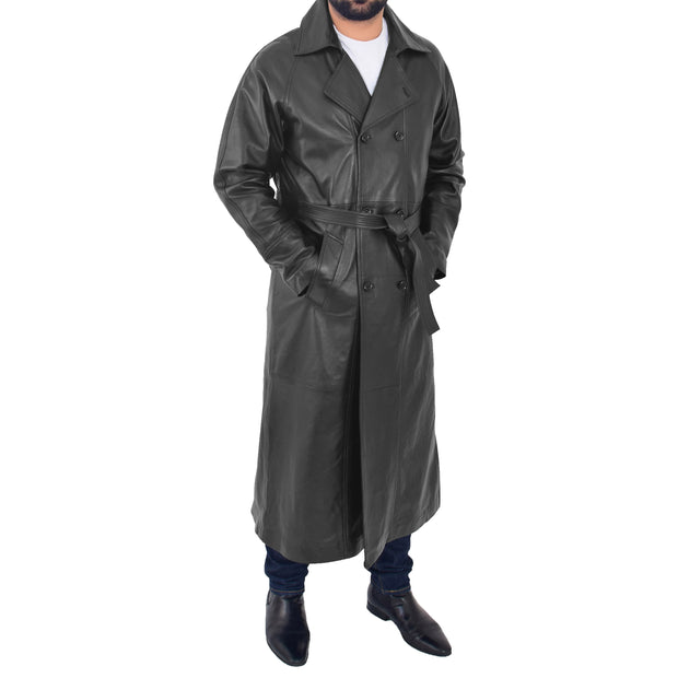 Mens Full Length Leather Coat Black Long Trench Overcoat Terry