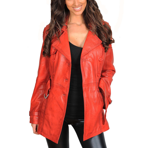 Womens Soft Leather Trench Coat Olivia Red Open