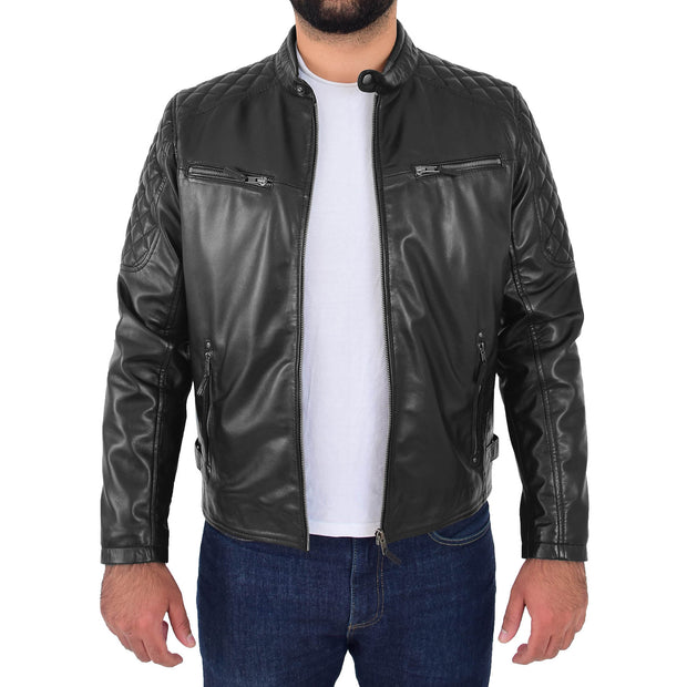 Mens Soft Leather Biker Jacket High Quality Quilted Design Tucker Black Open 1