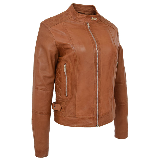 Womens Soft Tan Leather Biker Jacket Designer Stylish Fitted Quilted Celeste