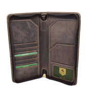 Vintage Real Leather Travel Wallet Passport Boarding Pass Wrist Clutch AV28 Brown Open