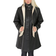 Ladies Parka Leather Coat Black Beige Trim Hooded with Scarf Dress Jacket Pat Front 2