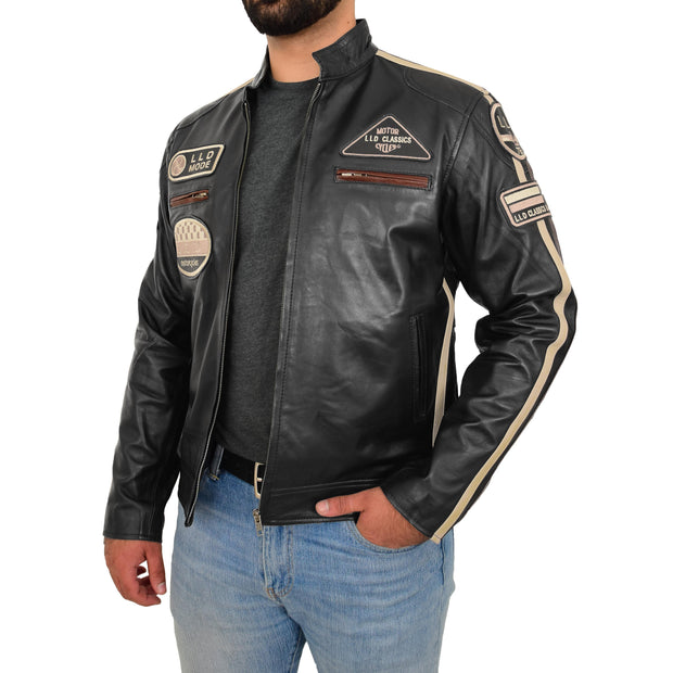Mens BLACK Leather Biker Jacket Slim Fit Motor Sports Badges Coat Wayne Open Side 1