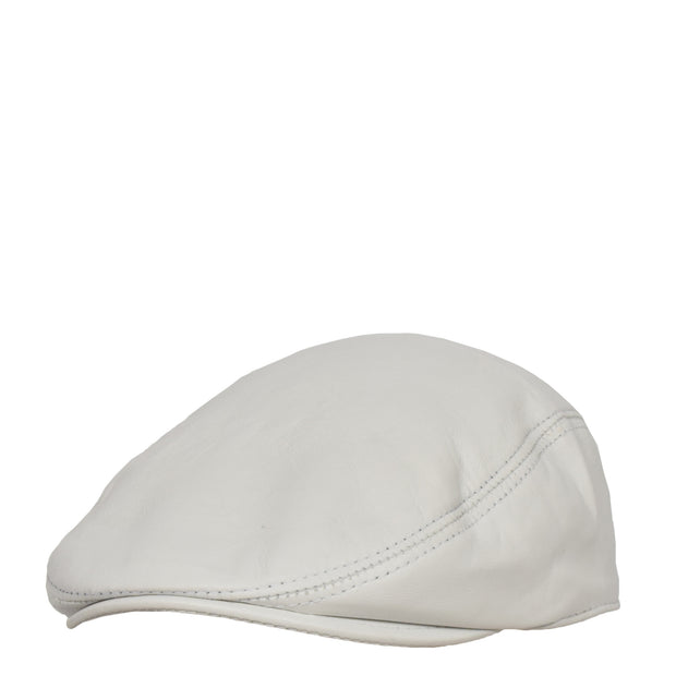 Genuine White Leather Flat Cap English Granddad Baker-boy Hat Arthur Side Angle