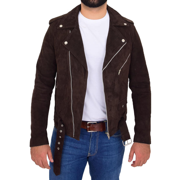 Genuine Suede Leather Biker Jacket For Mens Fitted Brando Coat Jay Brown Open 2