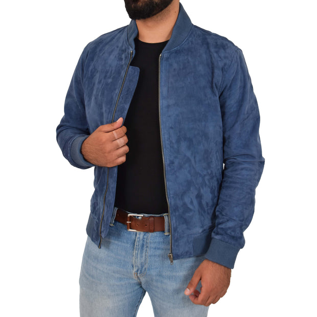 Mens Soft Goat Suede Bomber Varsity Baseball Jacket Blur Blue Open 2