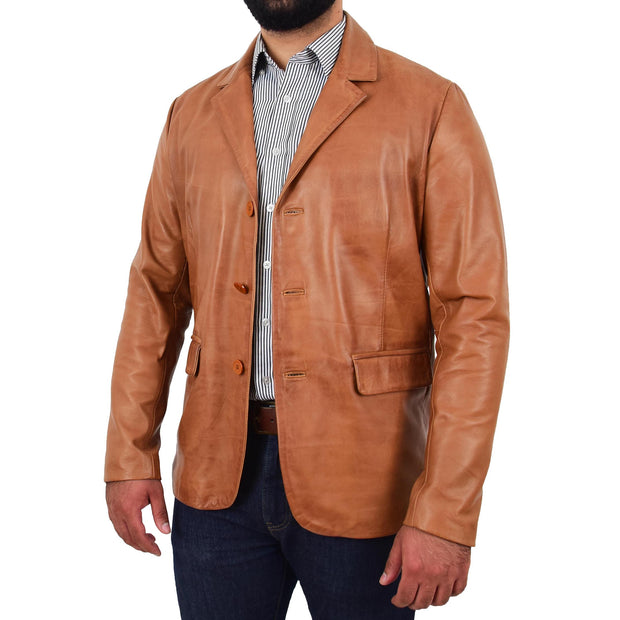 Mens Leather Blazer Real Lambskin Jacket Dinner Suit Style Coat Dean Cognac Open Angle 1