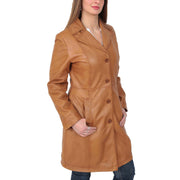 Womens 3/4 Button Fasten Leather Coat Cynthia Tan Front