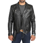 Mens Brando Biker Leather Jacket Elvis Black zip open