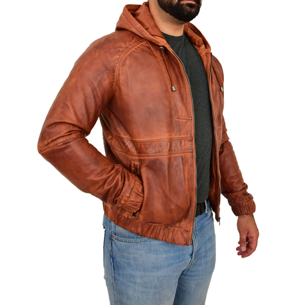 Mens Real Tan Leather Bomber Hoodie Jacket Sports Fitted Two Tone Coat Kent Open side 2