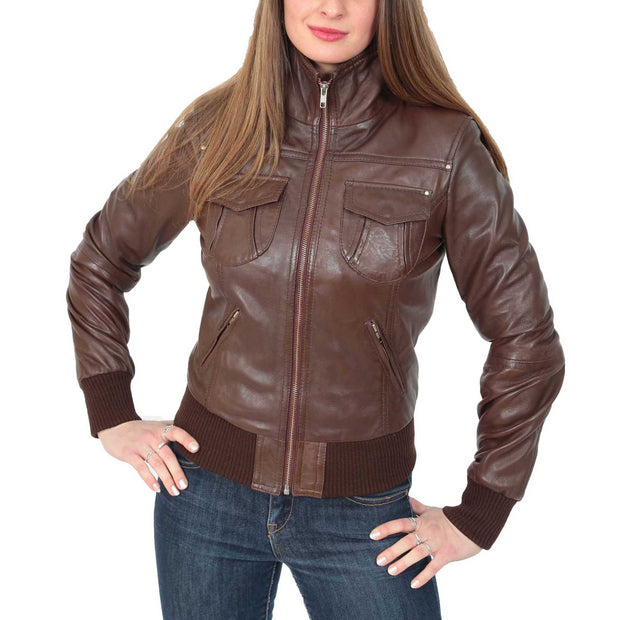 Womens Slim Fit Bomber Leather Jacket Cameron Brown