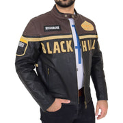 Mens Waxed Cowhide Biker Leather Jacket Badges Stripes Logos Tank Black Brown Front Open 1