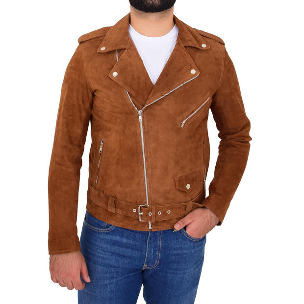 Genuine Suede Leather Biker Jacket For Mens Fitted Brando Coat Jay Cognac