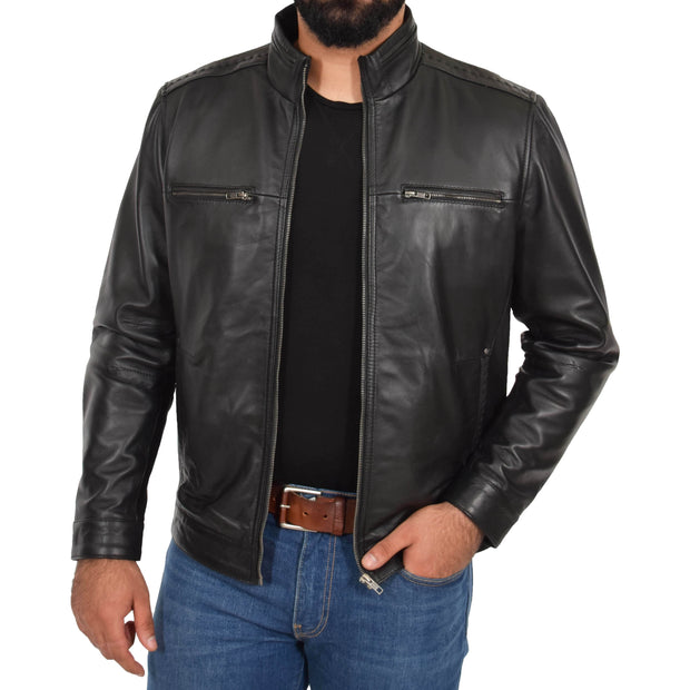 Mens Genuine Leather Biker Jacket Fitted Zip Up Coat Felix Black