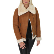 Super Luxurious Womens Real Sheepskin Jacket Aviator Coat Alexa Tan Open 1