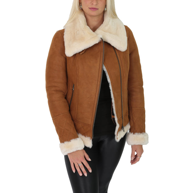 Super Luxurious Womens Real Sheepskin Jacket Aviator Coat Alexa Tan Open 1