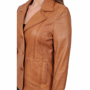 Ladies Leather Blazer Coat Fitted Classic Hip Length Jacket Judy Tan Feature