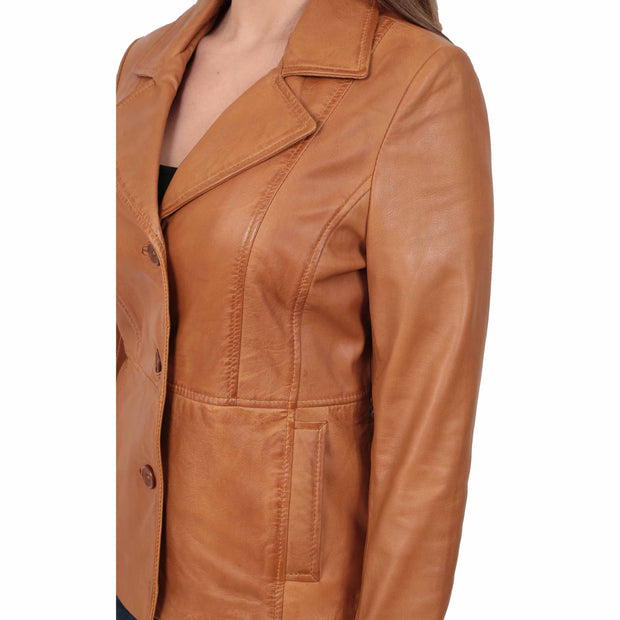 Ladies Leather Blazer Coat Fitted Classic Hip Length Jacket Judy Tan Feature