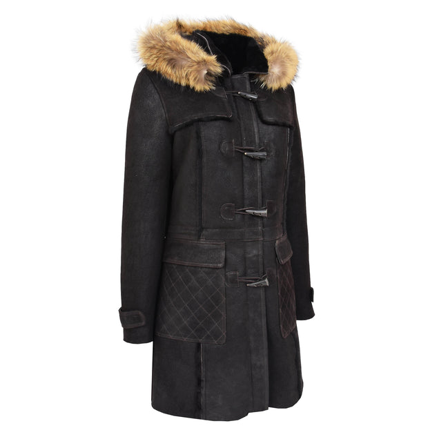 Womens Genuine Sheepskin Duffle Coat Hooded Shearling Jacket Evie Brown Front Angle 2