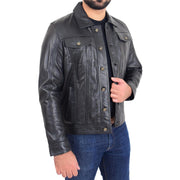 Mens Trucker Soft Leather Jacket Western Denim Style Coat Bond Black 4